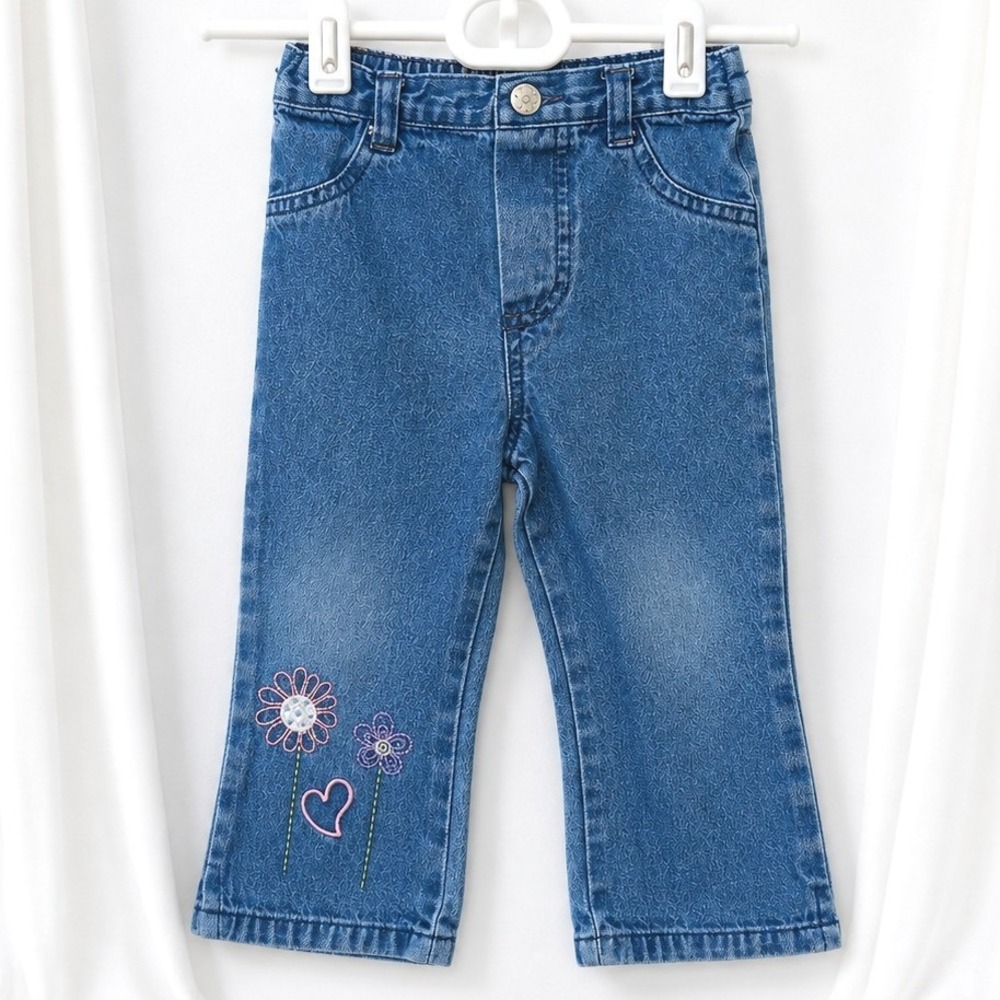 Y2K Baby Girl Flower Jeans 12M Embroidered Heart Floral Bootcut Denim Cute‎